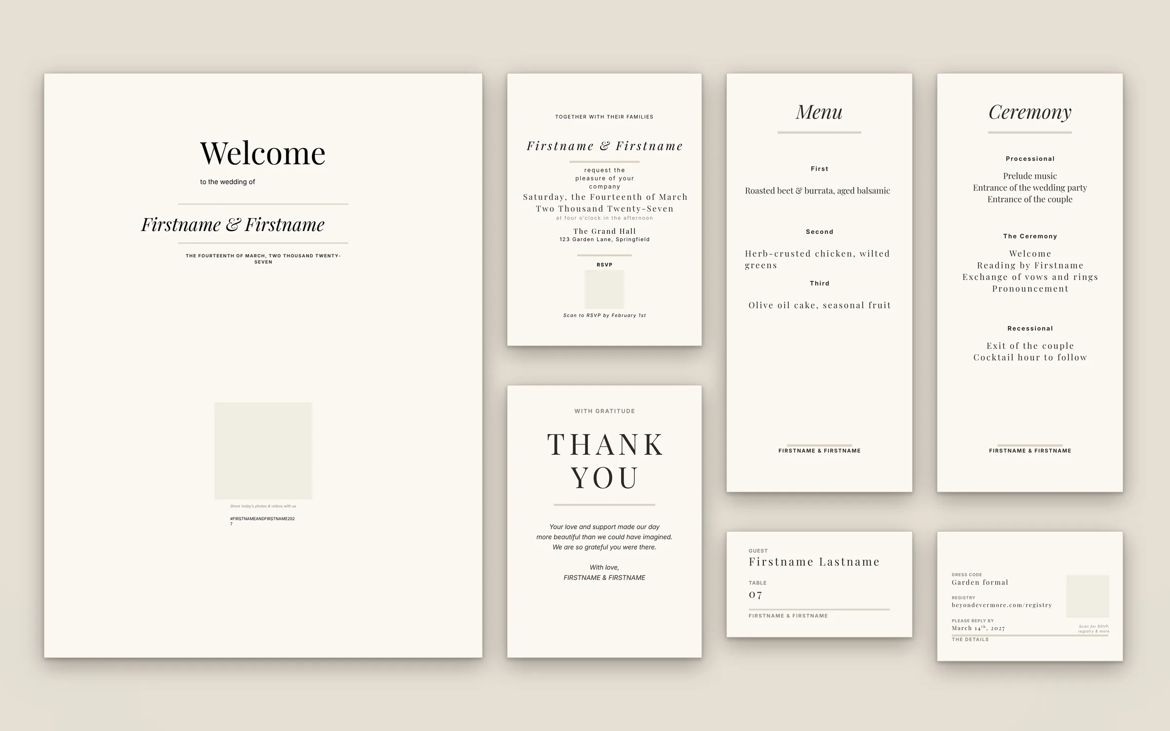 Matching wedding stationery in the neutral colorway: welcome sign, invitation, thank-you card, menu, ceremony program, escort card and details insert