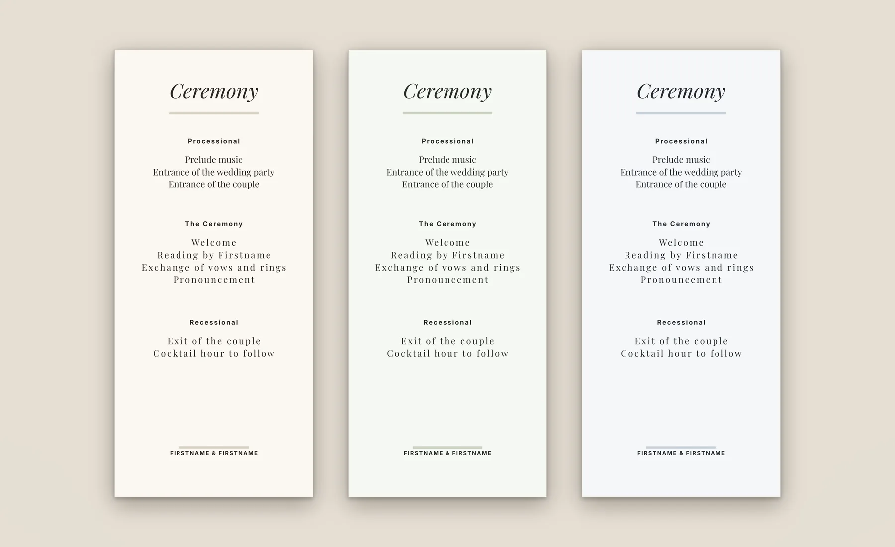 Wedding ceremony program template in three colorways