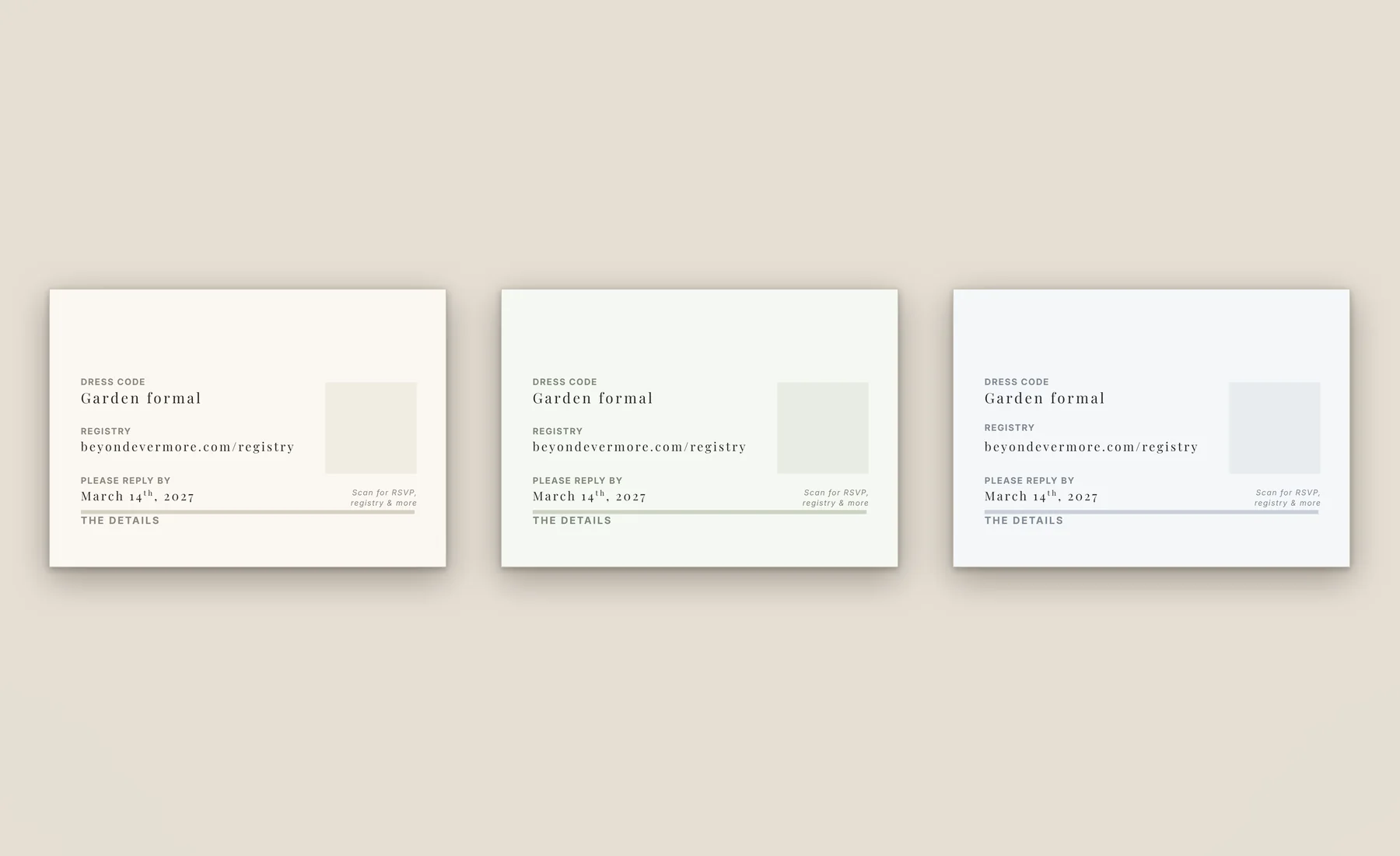 Wedding details insert card in three colorways
