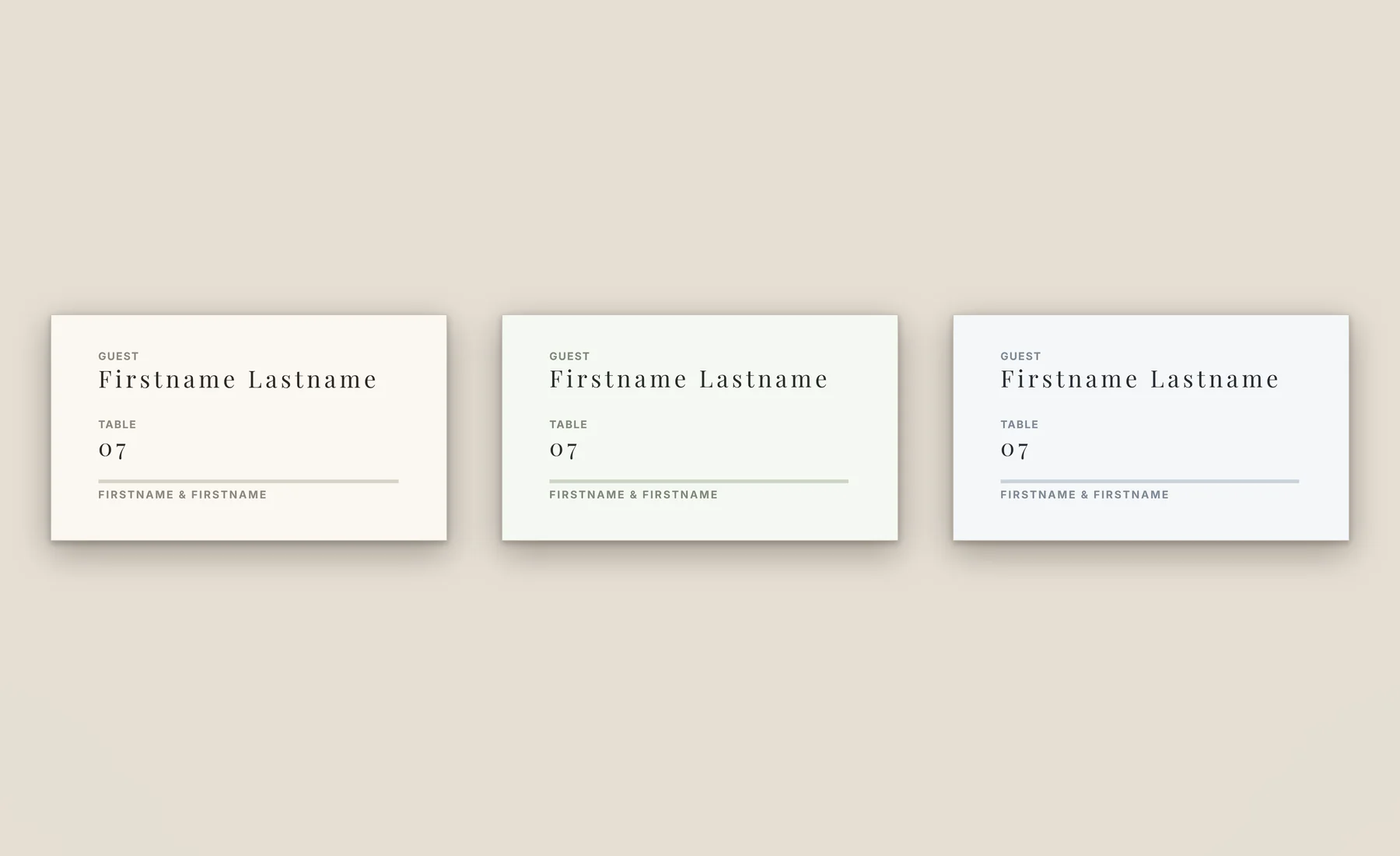 Wedding escort card template in three colorways