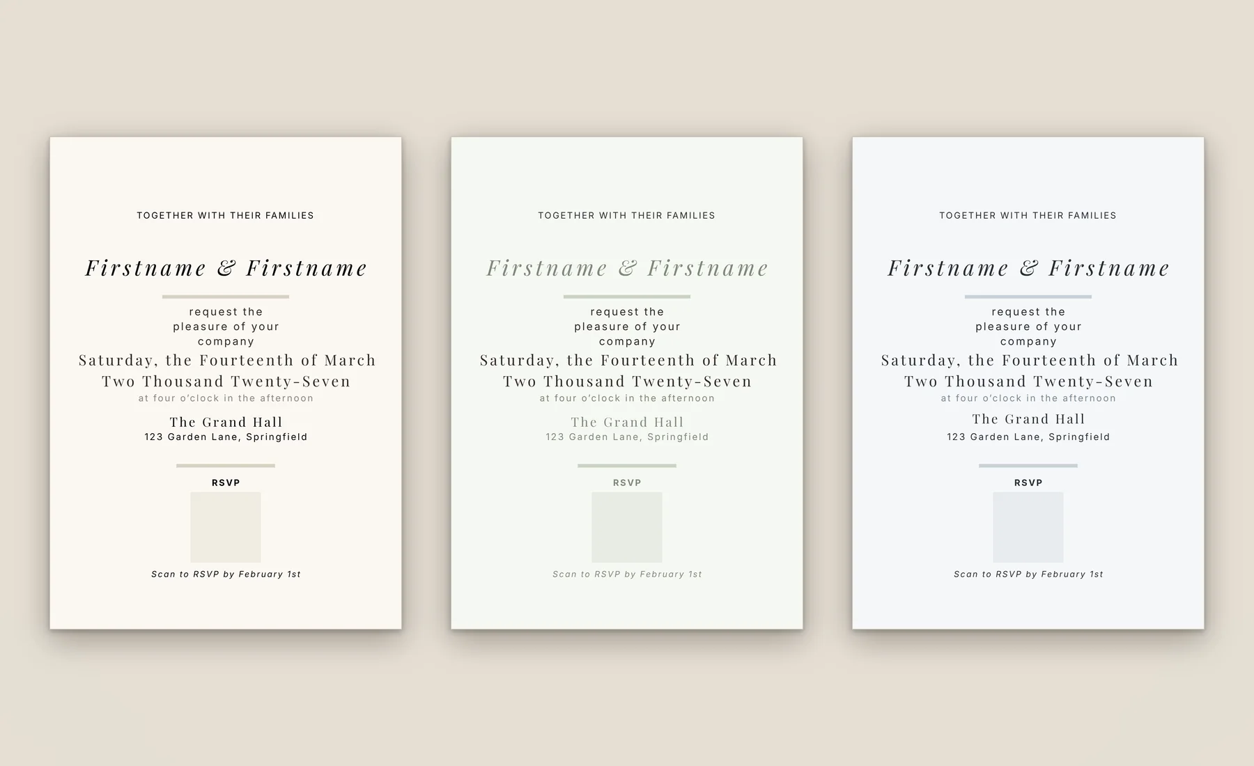 Wedding invitation template in neutral, sage and dusty blue