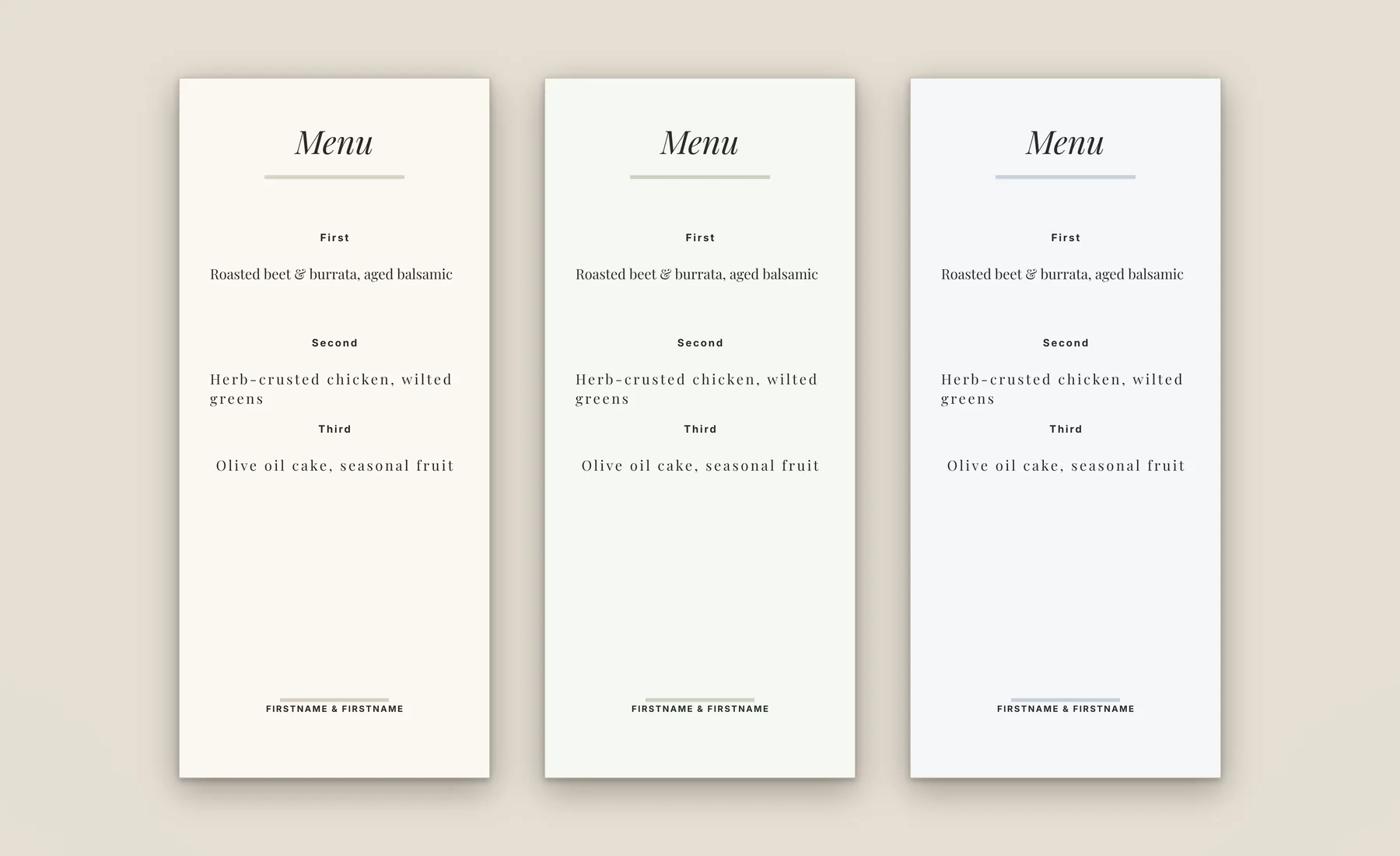 Wedding menu card template in three colorways