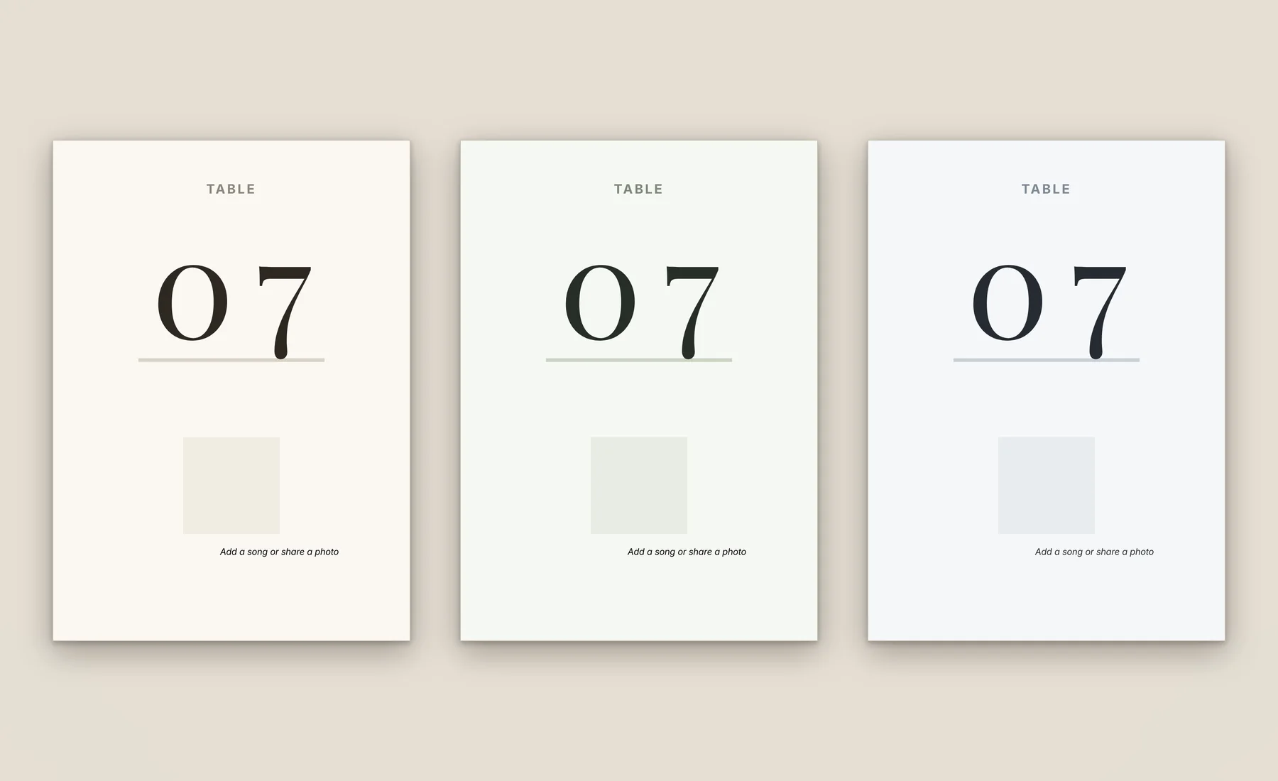 Wedding table number card template in three colorways