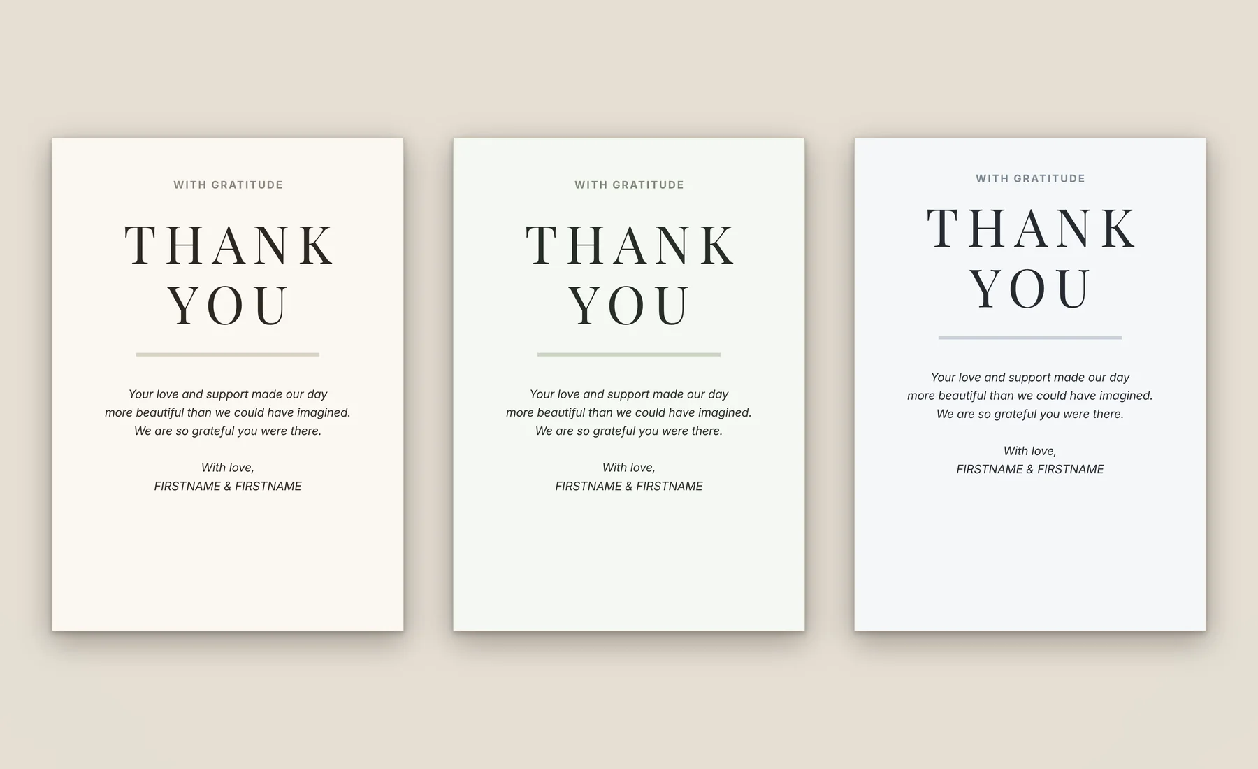 Wedding thank-you card template in three colorways