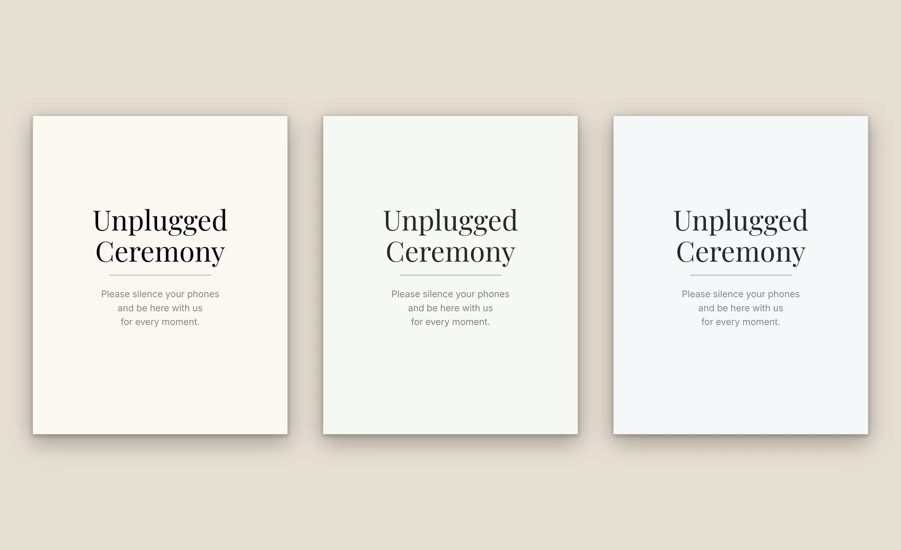 Unplugged ceremony sign template in three colorways