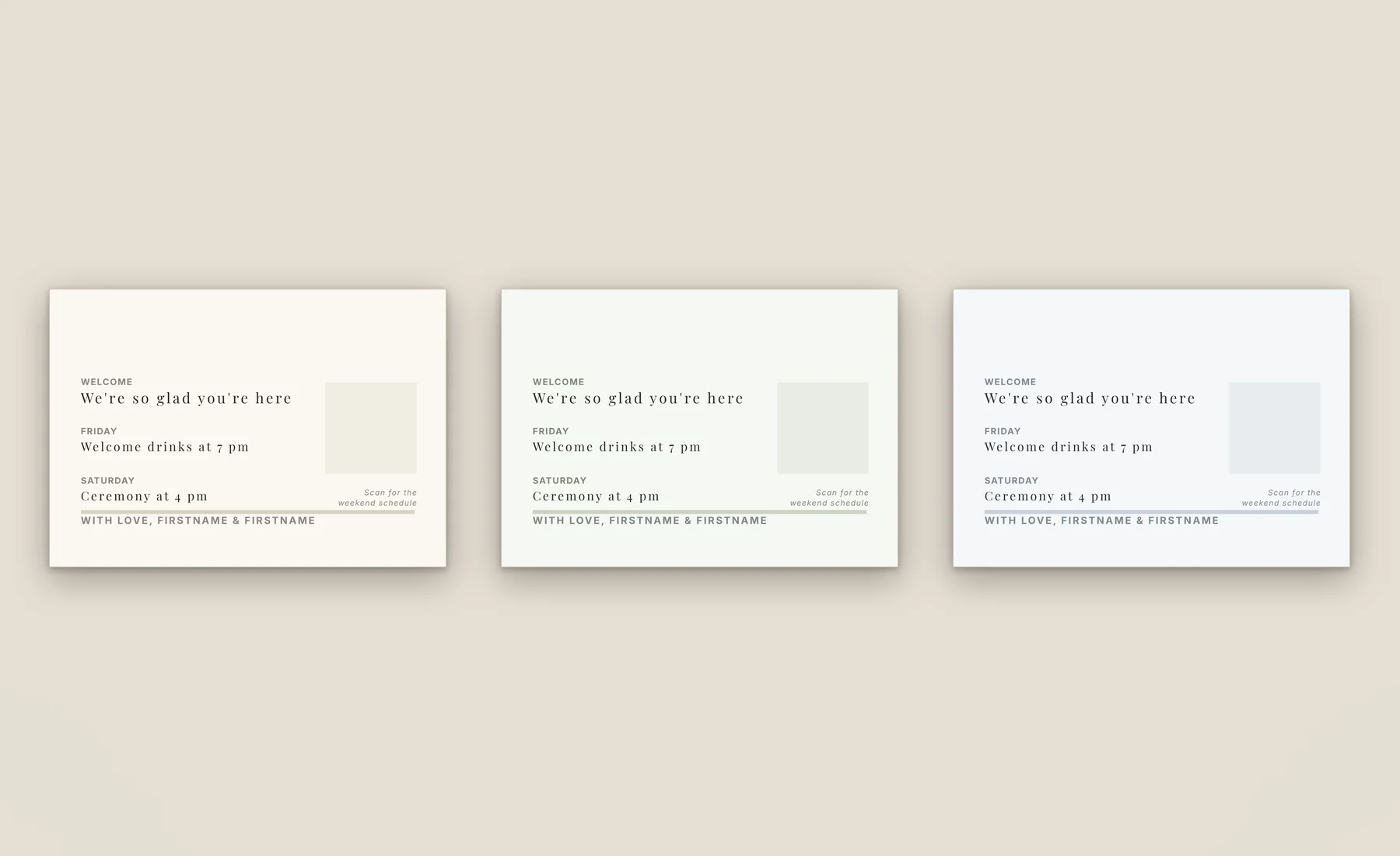 Wedding welcome bag note template in three colorways